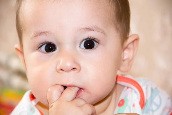 Első foga nő egy 7 hónapos kisfiú. sírt, és a harapás az ujjait, mászni — Stock Fotó