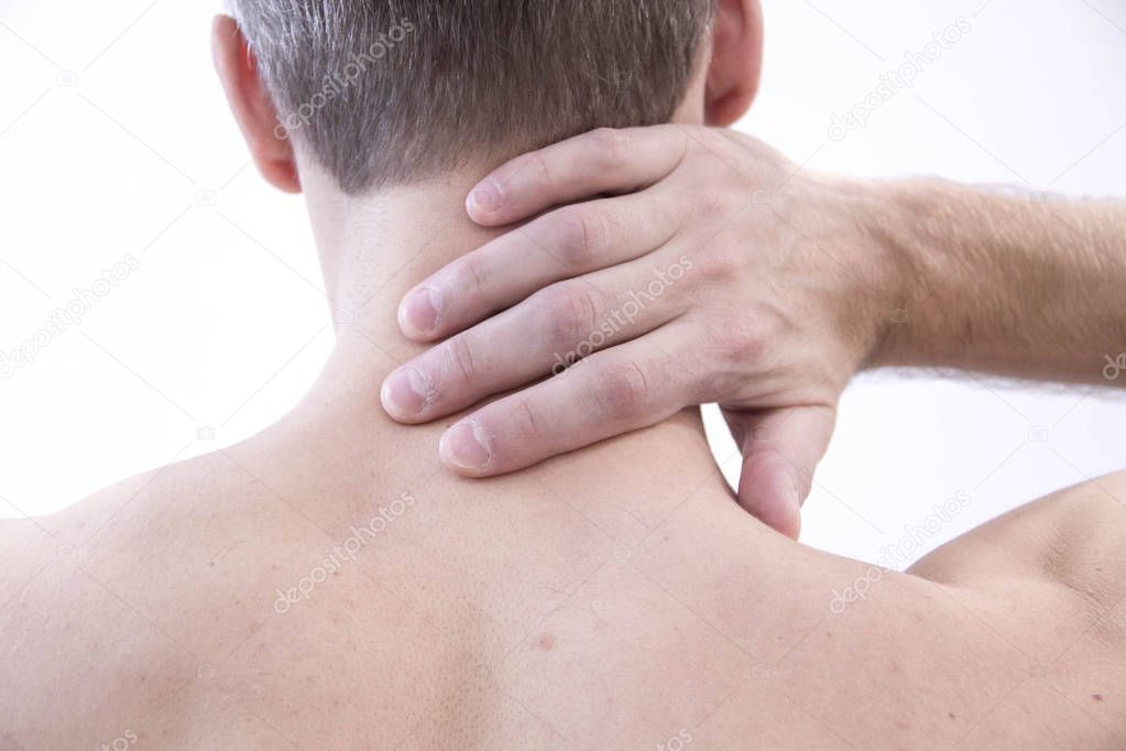 Pain in the neck. Man with backache. Muscular male body. Isolated on white background with red dot