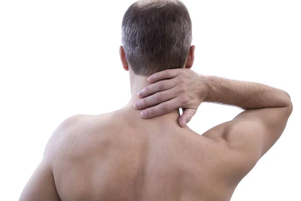 Боль в шее. Человек с болью в спине. Мускулистое мужское тело. Изолированный на белом фоне с красной точкой — стоковое фото