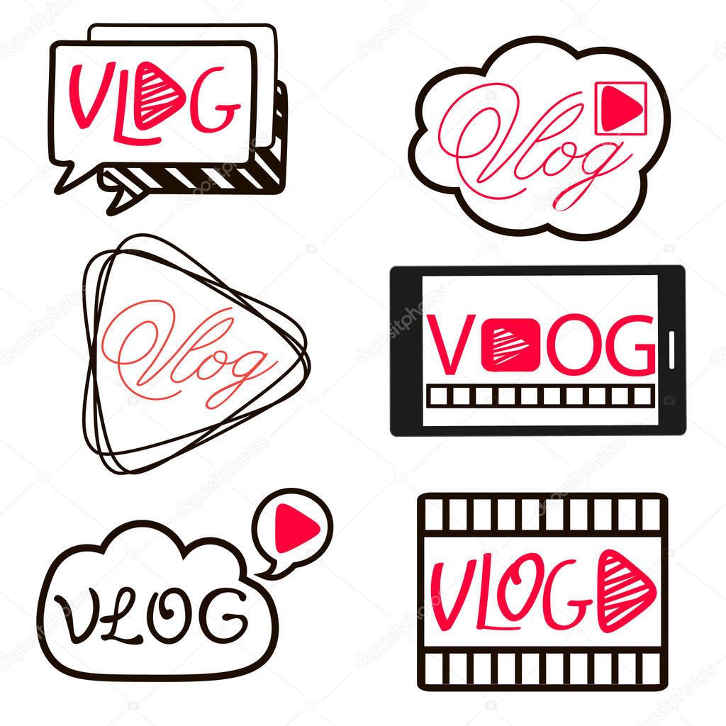 Vlog or video blogging video channel buttons set Vector illustration.