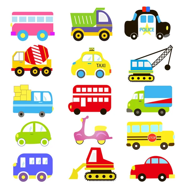 Tema Vettore dei Trasporti con Auto, Veicolo, camion, taxi, bus turistico, treno. Una collezione di icone carine e colorate isolate su sfondo bianco — Vettoriale Stock