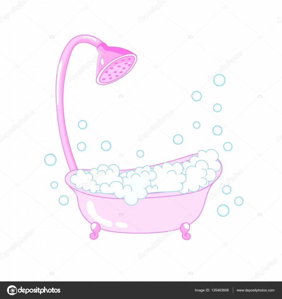 Pembe banyo köpük ve kabarcıklar, şirin banyo bebek vektör çizim bir