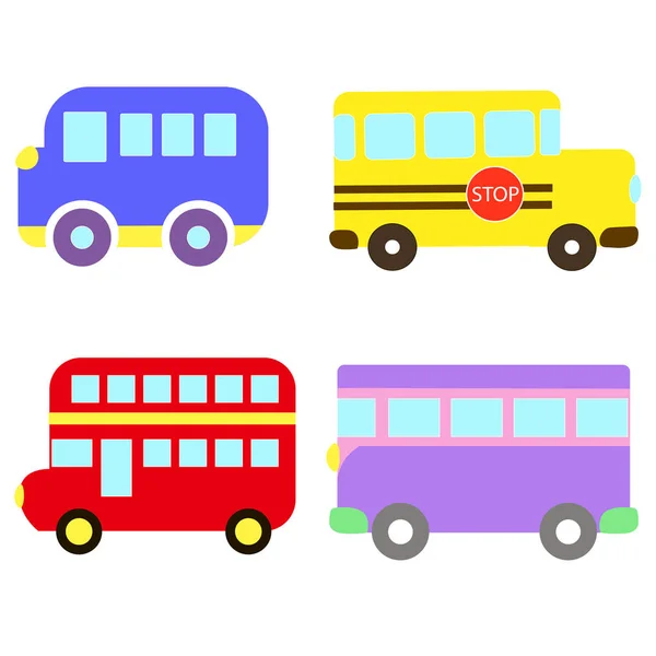 Transport wektor tematu z samochodu, transportu publicznego, szkolny autobus, autobusy turystyczne. Zestaw ładny i kolorowy ikona na białym tle — Wektor stockowy