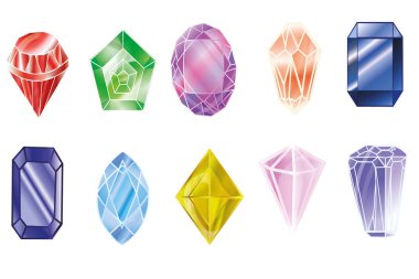 Beyaz arka plan üzerinde izole mücevher. Vektör mücevher veya değerli elmas mücevher ayarlayın. simge taşlar, yakut, safir, zümrüt, parlak, elmas, aquamarine. Düz tasarım, illüstrasyon vektör, vektör.