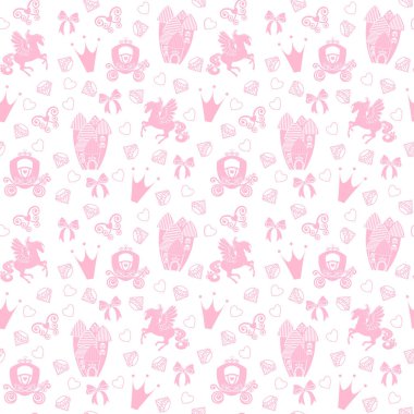 Prenses sorunsuz imkanı desen Tekstil Kalesi, taç, kelebek, elmas ile için. Kızlar için soyut seamless modeli. Pegasus, kale, at arabası ile sihirli Cinderella sevimli vektör seamless modeli.