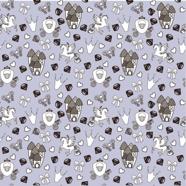 Prenses sorunsuz imkanı desen Tekstil Kalesi, taç, kelebek, elmas ile için. Kızlar için soyut seamless modeli. Pegasus, kale, at arabası ile sihirli Cinderella sevimli vektör seamless modeli.