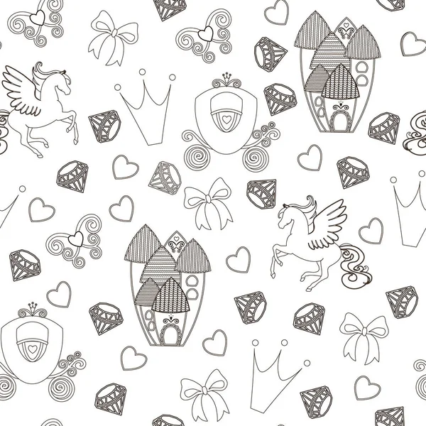 Princess Seamless Pattern for textile with castle, crown, butterfly, diamond. Abstract seamless pattern for girls. Magical Cinderella cute vector seamless pattern with Pegasus, castle, carriage. — Stock Vector