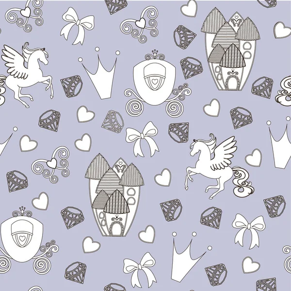 Princess Seamless Pattern for textile with castle, crown, butterfly, diamond. Abstract seamless pattern for girls. Magical Cinderella cute vector seamless pattern with Pegasus, castle, carriage. — Stock Vector