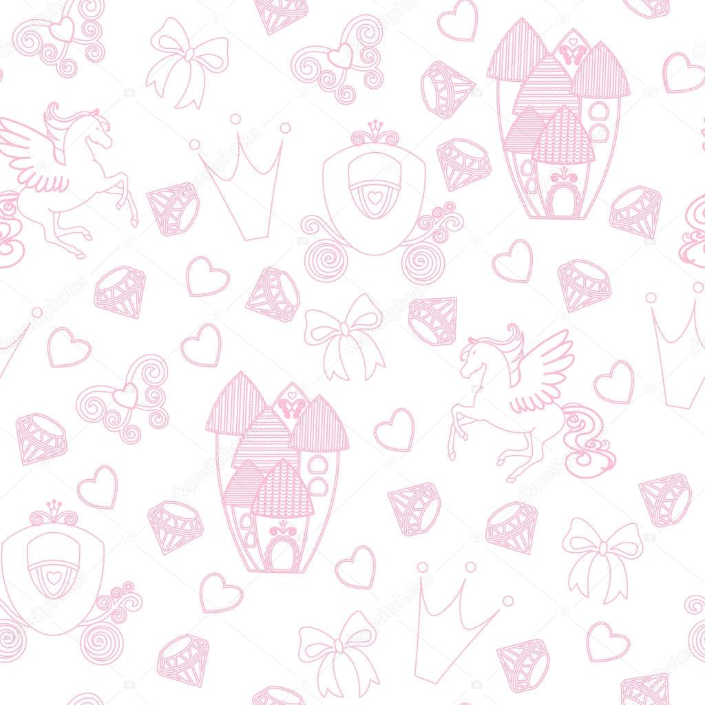 Princess Seamless Pattern for textile with castle, crown, butterfly, diamond. Abstract seamless pattern for girls. Magical Cinderella cute vector seamless pattern with Pegasus, castle, carriage.