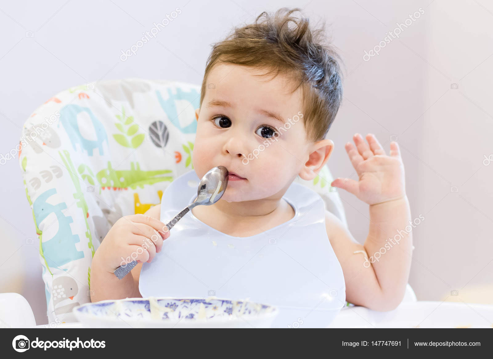 Smiling Kid Eating Food On Kitchen 1 Year Old Baby Eat Their Own