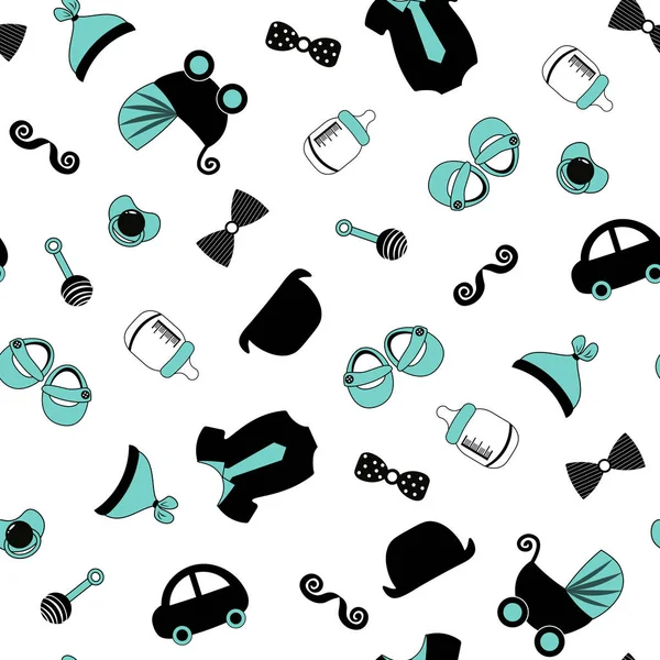 Baby boy background. Little man seamless pattern. Blue, grey, cream color. Illustration of baby clothes, mustaches, bow ties, hats, pacifier, booties, pacifier, car — Stock Vector