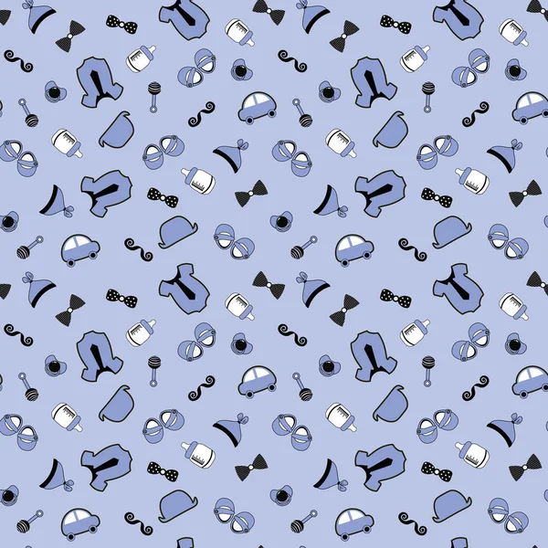 Baby boy background. Little man seamless pattern. Blue, grey, cream color. Illustration of baby clothes, mustaches, bow ties, hats, pacifier, booties, pacifier, car — Stock Vector