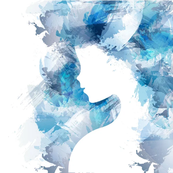Женское силуэт-лицо. Иллюстрация женщин цифрового искусства. Техника акварели и синий. Женский силуэт плюс абстрактный акварель. длинные пышные вьющиеся волосы, концепция красоты — стоковый вектор