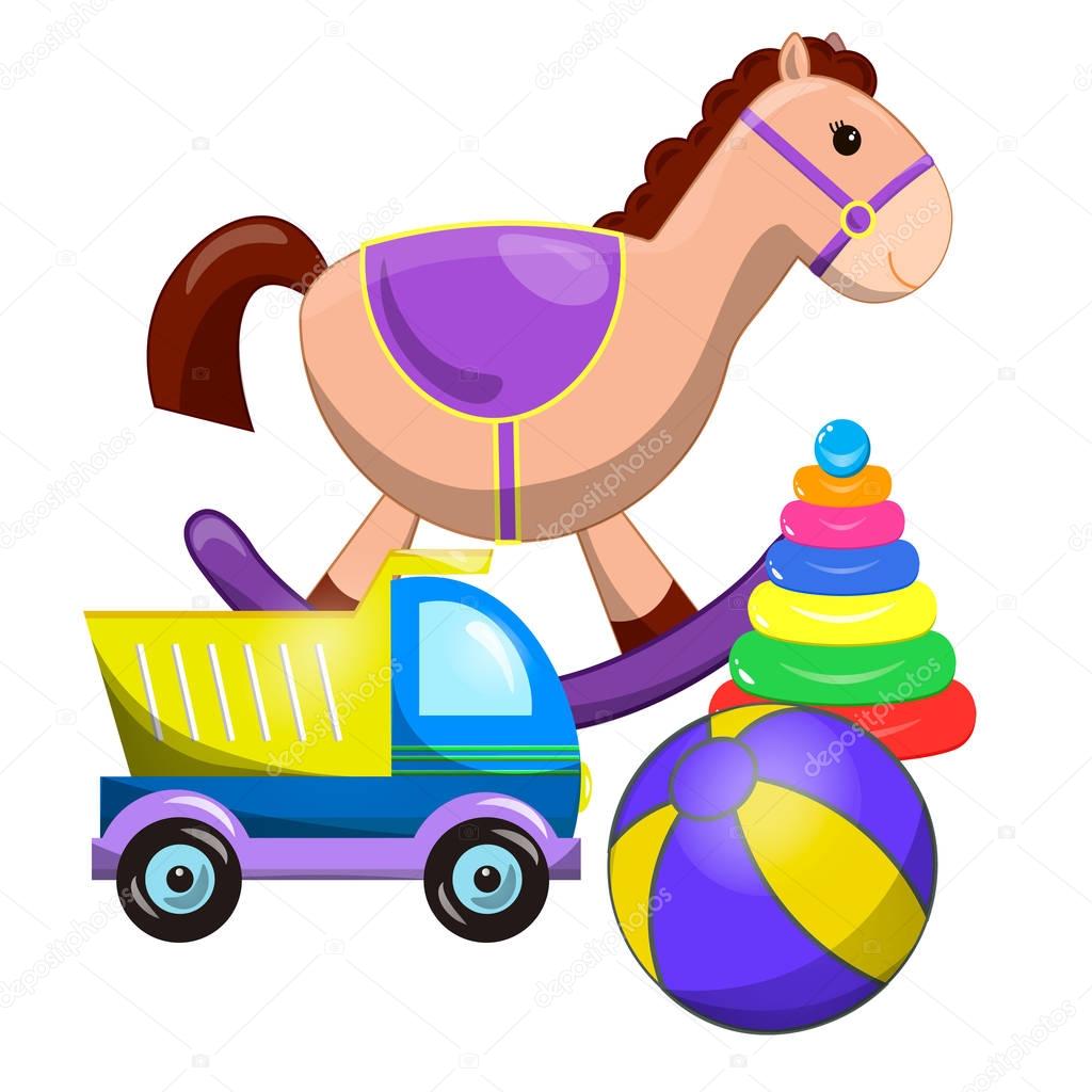 toys collection isolated on white background. Pile of toys isolated on white. vector illustration cartoon clipart. set of different cartoon vector toys. Cute toy horse, pyramid, ball, car truck