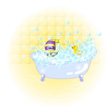 Retro banyo iç. sabun köpüğü. Küvet ile köpük banyosu ve içini sarı lastik ördek ve tekne iyon duvar arka plan kabarcıklar. Banyo zaman vintage tarzı çizgi film illüstrasyon