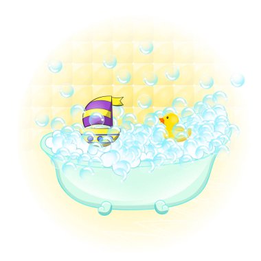 Retro banyo iç. sabun köpüğü. Küvet ile köpük banyosu ve içini sarı lastik ördek ve tekne iyon duvar arka plan kabarcıklar. Banyo zaman vintage tarzı çizgi film illüstrasyon