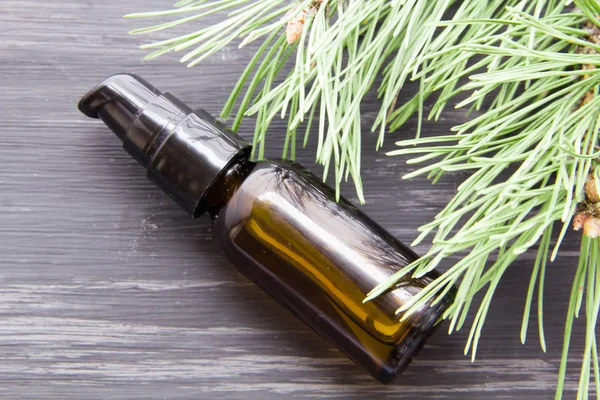 Pine etherische oliën en pine twijgen, naalden van planten voor geneeskunde, op houten donkere achtergrond — Stockfoto
