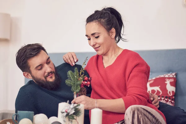 middle-aged husband and wife only spend time together. winter cozy portrait happy couple smiling