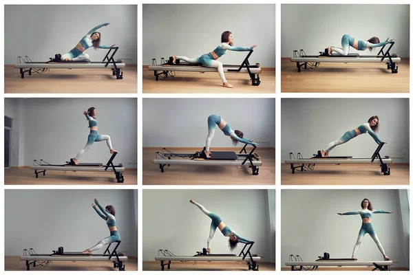 Collage de diferentes posturas de yoga por mujer joven haciendo ejercicios de pilates tumbados en máquinas de entrenamiento de pilates . — Foto de Stock