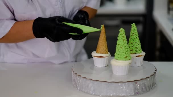 Decoración de la taza de pastel con crema. Usando la bolsa de cocina, confitero hacer magdalenas para la fiesta. Shot de manos de las mujeres poniendo crema de mantequilla en pasteles sabrosos, concepto de panadería casera . — Vídeos de Stock