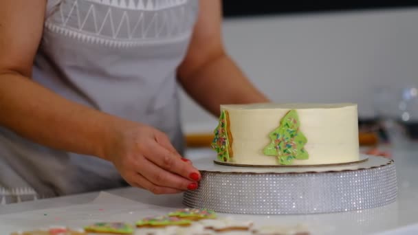 Ζαχαροπλάστης γυναίκα προετοιμασία κέικ για τα Χριστούγεννα — Αρχείο Βίντεο