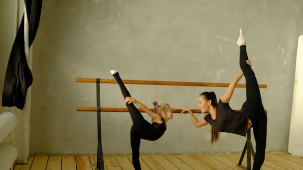 Slow motion teacher of classical dance teaches some steps to his young student who wants to learn how to dance and in the background the other little girls who listen. — Stock Video