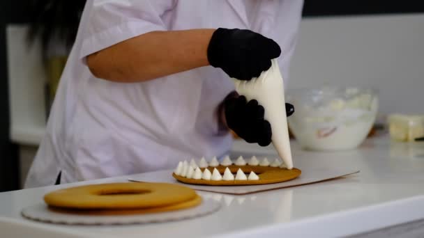 Woman decorates a cake in her kitchen. pastry chef at work — 비디오