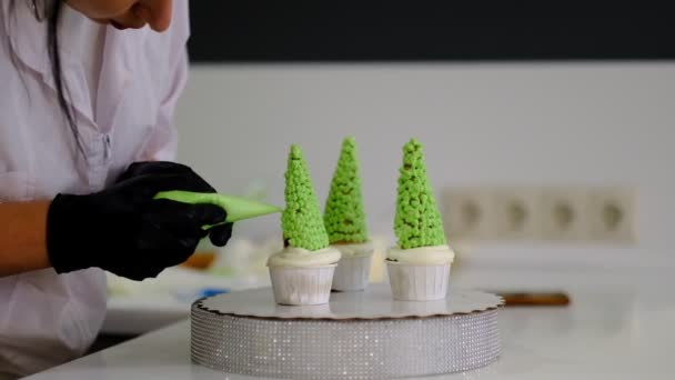 Decoración de la taza de pastel con crema. Usando la bolsa de cocina, confitero hacer magdalenas para la fiesta. Shot de manos de las mujeres poniendo crema de mantequilla en pasteles sabrosos, concepto de panadería casera . — Vídeo de stock