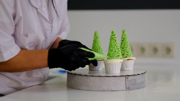 Decoración de la taza de pastel con crema. Usando la bolsa de cocina, confitero hacer magdalenas para la fiesta. Shot de manos de las mujeres poniendo crema de mantequilla en pasteles sabrosos, concepto de panadería casera . — Vídeos de Stock