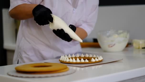 Mulher decora um bolo em sua cozinha. chef de pastelaria no trabalho — Vídeo de Stock