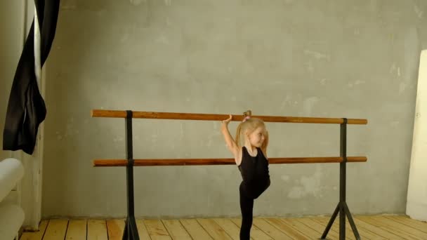 Professeur de danse classique au ralenti enseigne quelques pas à son jeune élève qui veut apprendre à danser et en arrière-plan les autres petites filles qui écoutent . — Video