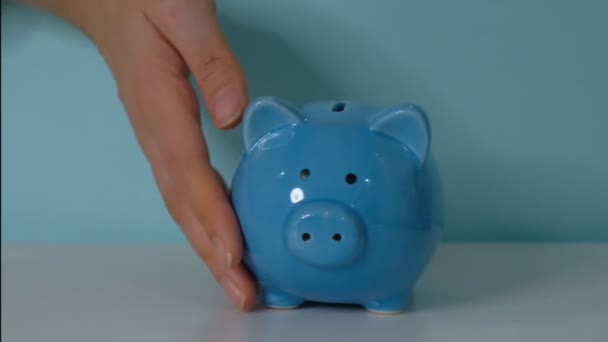 Sparschwein-Geschäftskonzept. eine Hand steckt eine Münze in ein Sparschwein auf blauem Hintergrund. Geld zu sparen ist eine Investition in den Lebensstil der Zukunft. Bankeninvestitionen. — Stockvideo