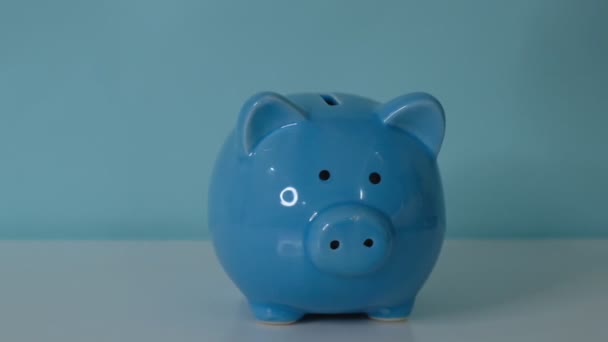 小猪银行的经营理念。一只手把一枚硬币放在蓝色背景的储蓄罐里。省钱是对未来生活方式的一种投资。银行业投资. — 图库视频影像
