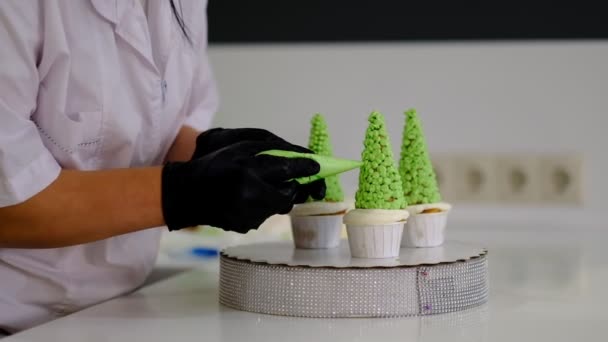 Décorer le cup-cake avec de la crème. En utilisant le sac de cuisson, confiseur faire des muffins pour la fête. Prise de vue de femmes mains mettant de la crème au beurre sur des gâteaux savoureux, concept de boulangerie maison . — Video