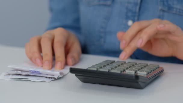 Comptez les chèques. jeune femme vérifier les factures, les impôts, le solde du compte bancaire et le calcul des dépenses dans le salon à la maison — Video