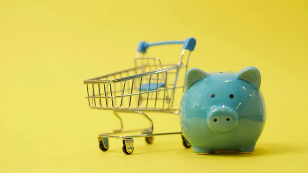 Piggy bank z koszykiem na niebieskim tle. zakupy online, oszczędność budżetu rodzinnego — Zdjęcie stockowe