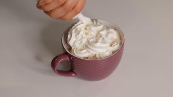 Close up Whip cream on Cocoa white background, Food concept Front view. — Stock Video