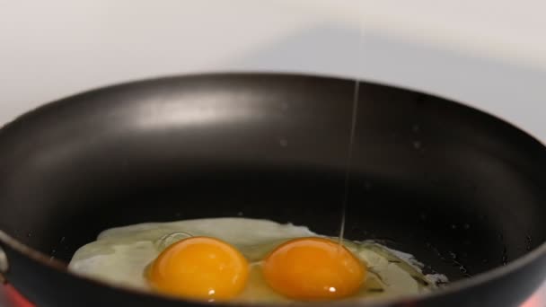 Œufs frits dans une poêle. L'œuf cassé tombe dans la poêle. Shot Slow Motion vidéo — Video