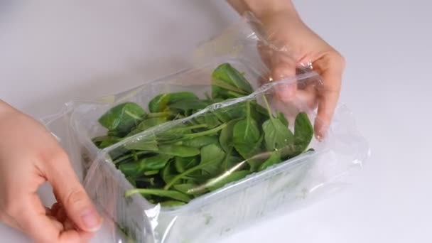 Vrouw die voedselfilm gebruikt voor spinazie op een witte tafel. Roll transparante polyethyleenfolie voor verpakkingsproducten. Slow Motion video. — Stockvideo