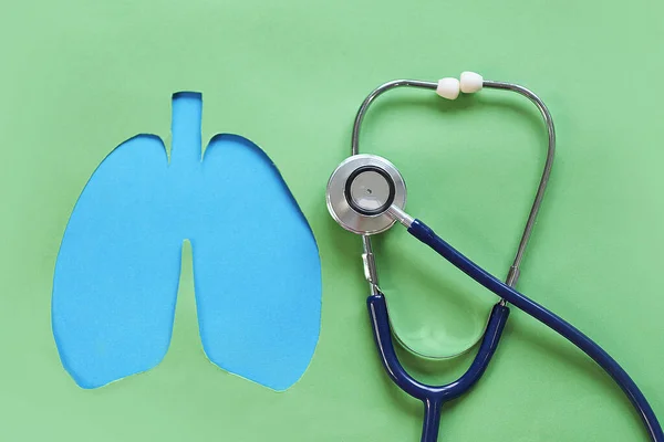 Lungenheiltherapie medizinisches Konzept. Silhouette der Lunge und ein Stethoskop auf grünem Hintergrund. Konzept von Atemwegserkrankungen, Lungenentzündung, Tuberkulose, Bronchitis, Asthma, Lungenabszess — Stockfoto