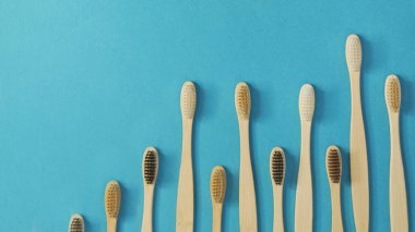 Mavi arka planda tahta diş fırçaları. sıfır atık konsepti. Ornitorenksiz diş bakımı.