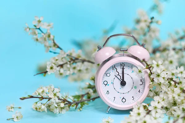 Ροζ ξυπνητήρι και λεπτά λευκά λουλουδάκια σε μπλε φόντο. Στο πάνω μέρος. Ώρα για αγάπη και χαιρετισμούς. Αλλαγή ώρας άνοιξη, λουλούδια άνοιξη και ξυπνητήρι. — Φωτογραφία Αρχείου