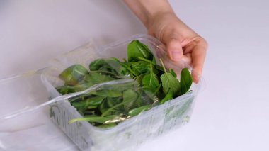 Beyaz bir masada yemek depolamak için yemek filmi kullanan bir kadın. Ürünleri paketlemek için şeffaf polietilen gıda filmi rulosu.
