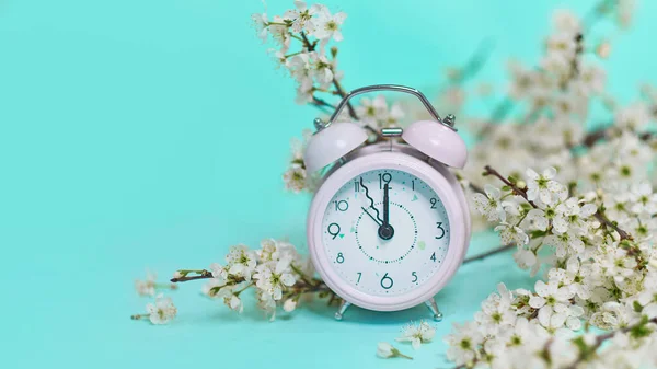 Ροζ ξυπνητήρι και λεπτά λευκά λουλουδάκια σε μπλε φόντο. Στο πάνω μέρος. Ώρα για αγάπη και χαιρετισμούς. Αλλαγή ώρας άνοιξη, λουλούδια άνοιξη και ξυπνητήρι. — Φωτογραφία Αρχείου