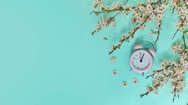 Рожевий будильник і тонкі білі квіти на синьому тлі. Краєвид. Час на любов і вітання. Зміна часу весни, весняні квіти і сигнальний годинник. — стокове фото