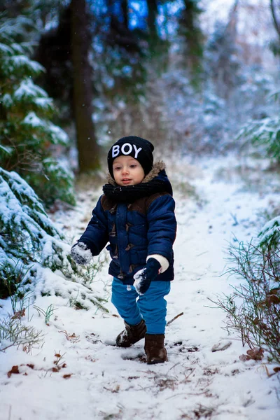 Felice Piccolo Bambino Che Chiede Fiocchi Neve Nella Foresta Invernale — Foto Stock