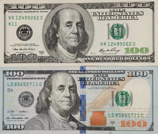 Старые и новые 100-долларовые купюры и банкноты, передняя сторона
