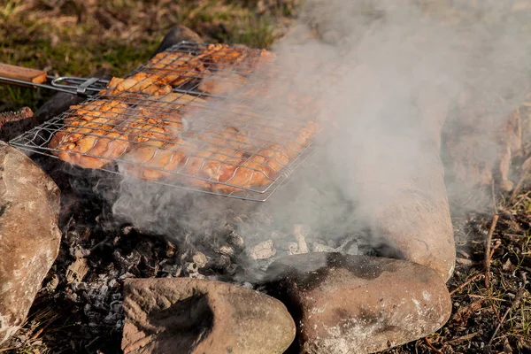 Succose fette di carne che cuociono a fiamma aperta.Grill su carbone e fuoco picnic street food — Foto Stock