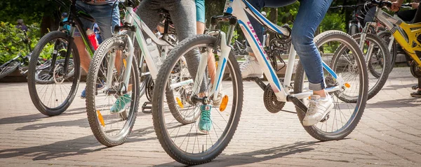 Fechar o ciclista homem pernas andar de bicicleta na trilha ao ar livre na natureza — Fotografia de Stock