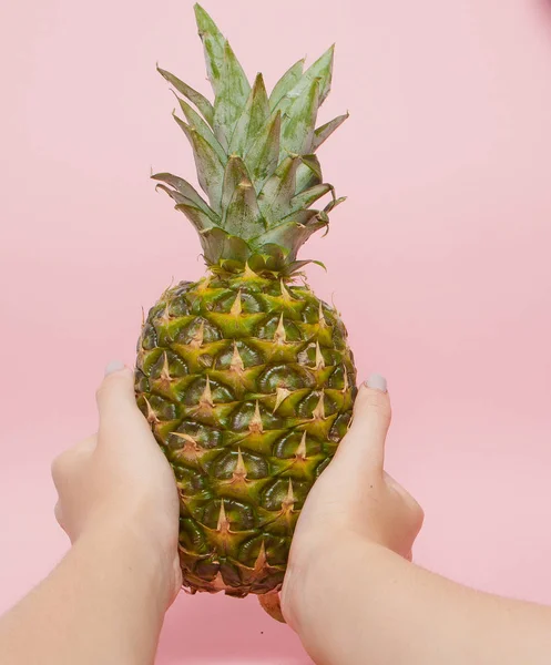 Pembe bir arka plan üzerinde ananas ile el. Tropikal meyve — Stok fotoğraf